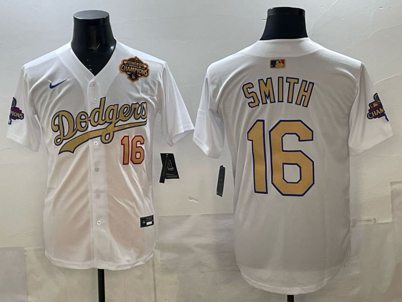 Men Los Angeles Dodgers #16 Smith White Gold 2026 Nike Game MLB Jersey 002